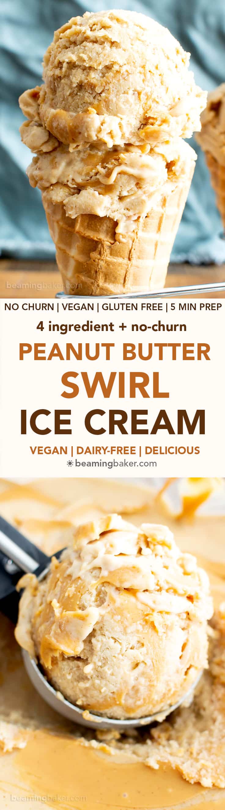 4 Ingredient Banana Peanut Butter Swirl Ice Cream (V, GF): my favorite easy, no-churn recipe for delightfully sweet and creamy vegan ice cream bursting with peanut butter flavor! #Vegan #GlutenFree #DairyFree #PeanutButter #Dessert #IceCream | Recipe on BeamingBaker.com