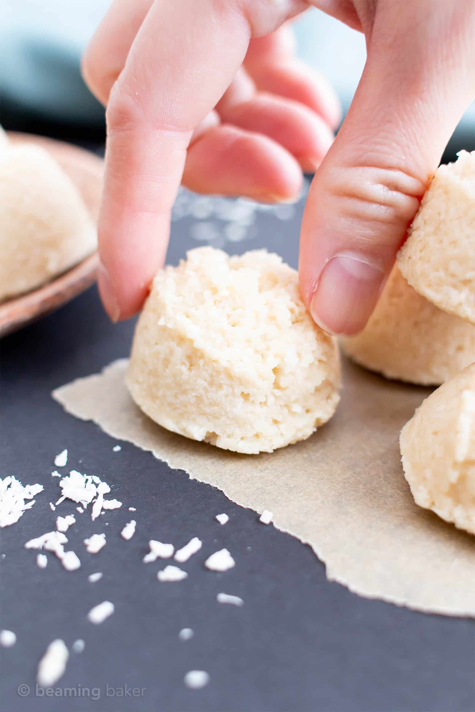 4 Ingredient No Bake Coconut Macaroons (V, GF): a one bowl recipe for perfectly sweet no bake macaroons bursting with coconut flavor. #Paleo #Vegan #GlutenFree #DairyFree #NoBake #Dessert | Recipe on BeamingBaker.com