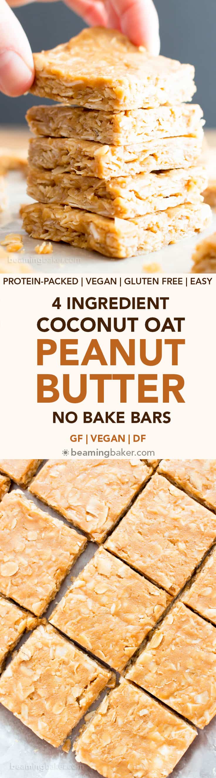 4 Ingredient No Bake Peanut Butter Coconut Oatmeal Bars (V, GF): an easy, one bowl recipe for protein-rich, gluten-free oatmeal bars bursting with peanut butter and coconut. #Vegan #GlutenFree #DairyFree #HealthySnacks #ProteinRich #RefinedSugarFree #PlantBased | Recipe on BeamingBaker.com