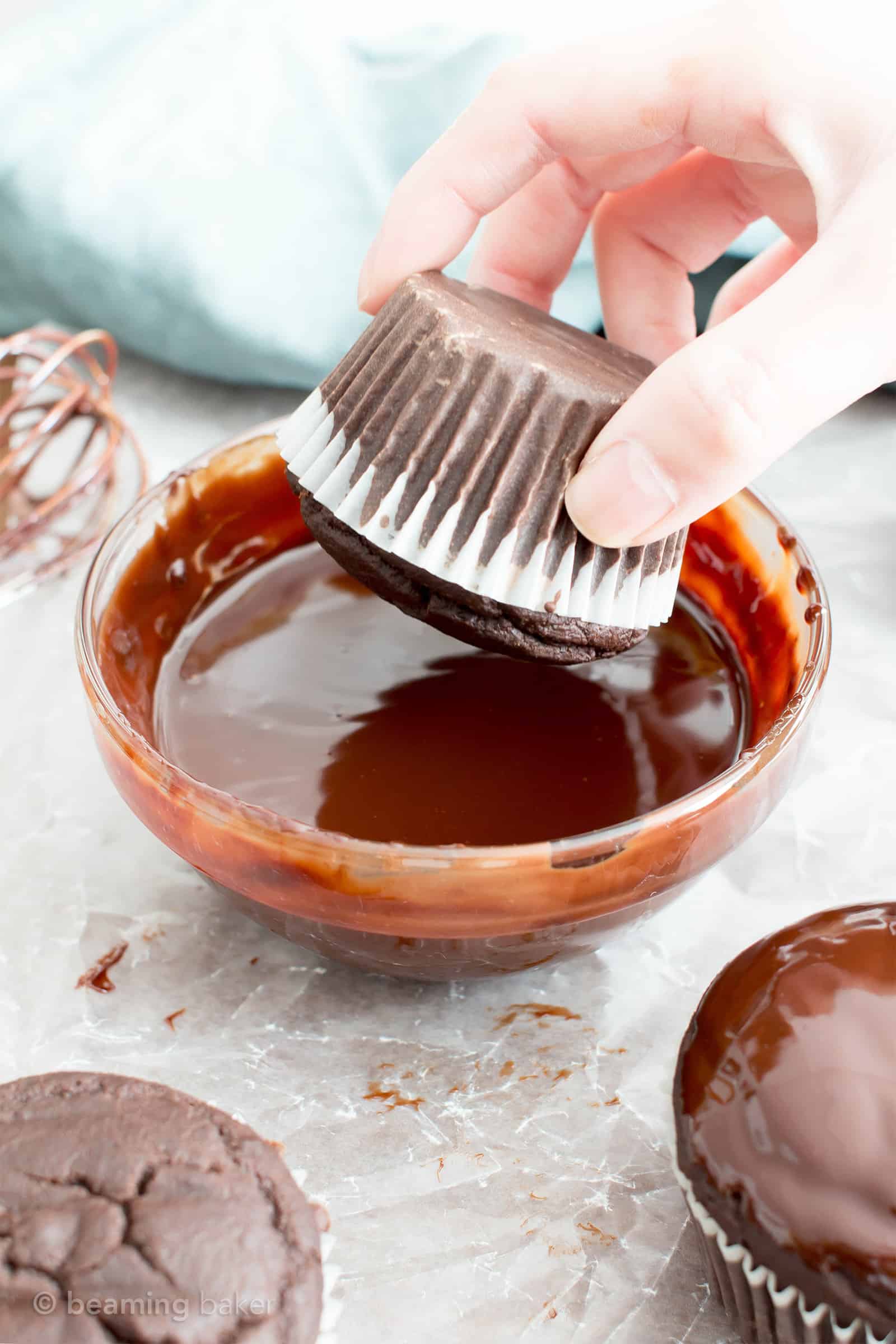 Chocolate Ganache Cupcakes (V, GF): an easy recipe for perfectly moist chocolate cupcakes covered in a thick layer of rich chocolate ganache! #Vegan #GlutenFree #DairyFree #Chocolate #Dessert | Recipe on BeamingBaker.com