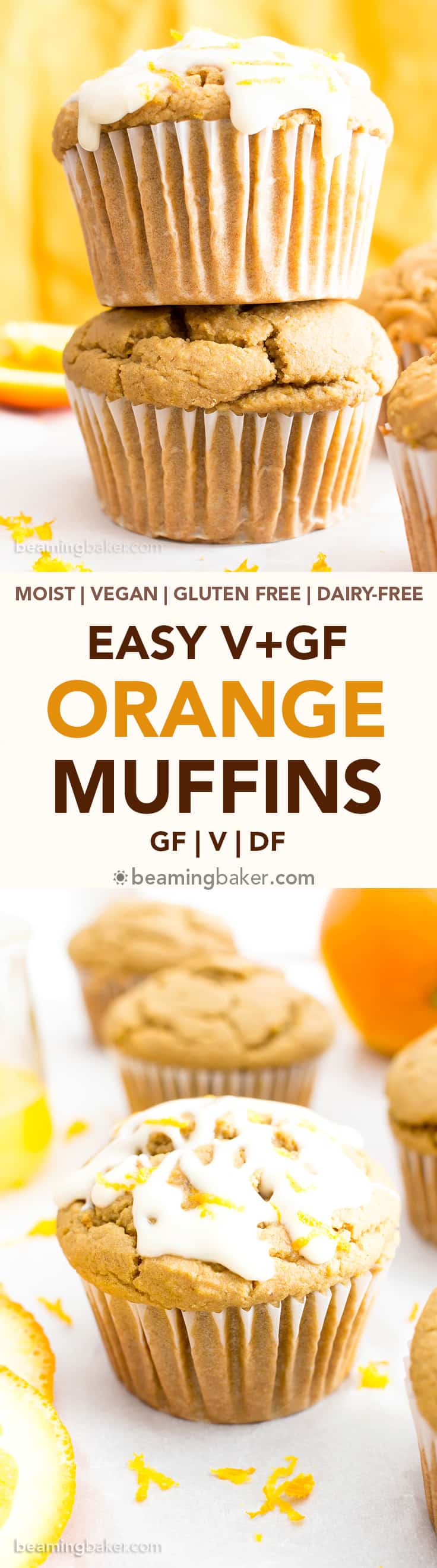Easy Orange Muffins Recipe (V, GF): a fun recipe for perfectly moist homemade muffins bursting with zesty orange flavor! #Vegan #GlutenFree #DairyFree #Breakfast #Muffins | Recipe on BeamingBaker.com 