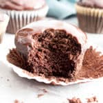 Chocolate Ganache Cupcakes (V, GF): an easy recipe for perfectly moist chocolate cupcakes covered in a thick layer of rich chocolate ganache! #Vegan #GlutenFree #DairyFree #Chocolate #Dessert | Recipe on BeamingBaker.com