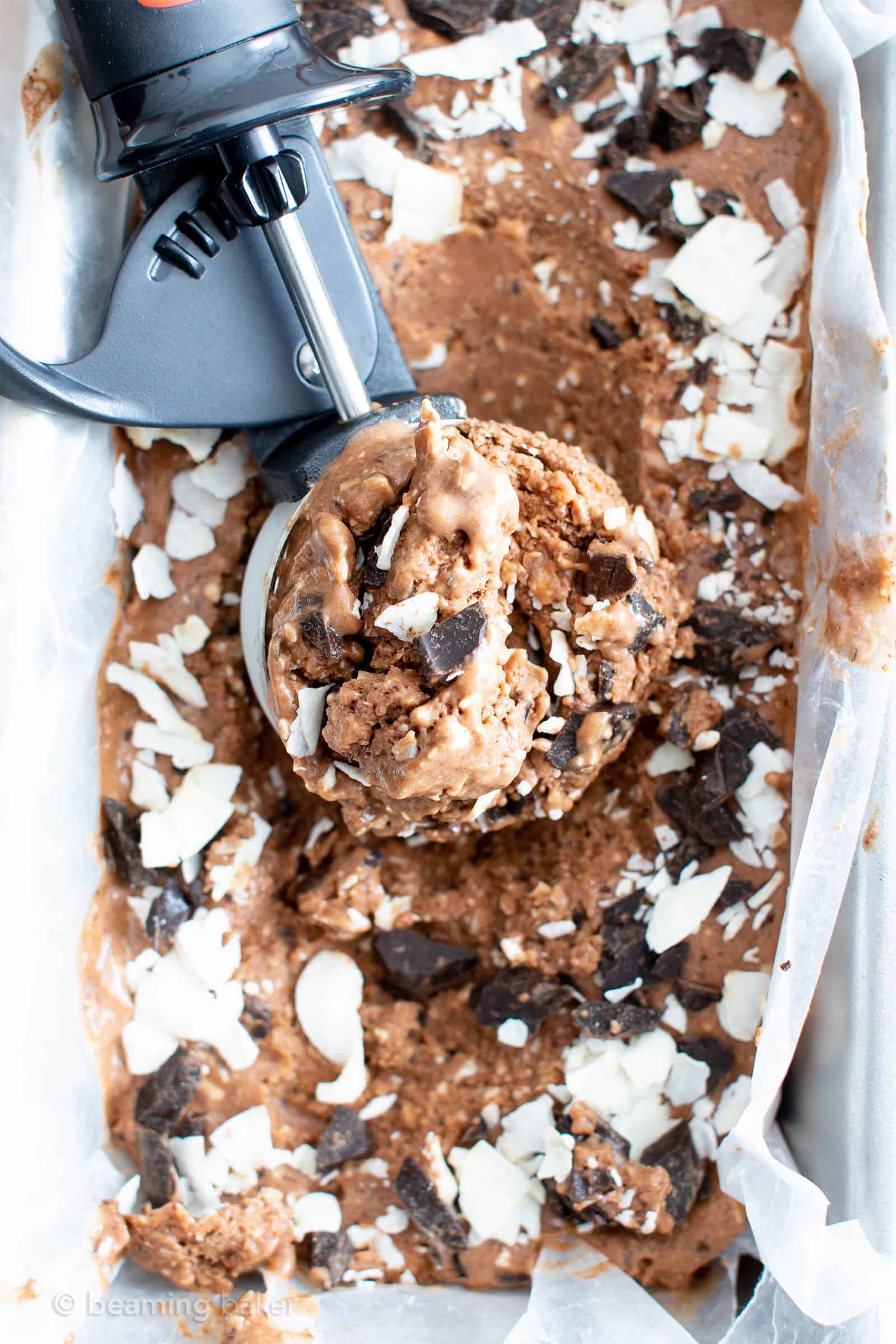 No Churn Chocolate Chocolate Chip Coconut Vegan Ice Cream (Paleo, V, GF): a 7 ingredient, no churn recipe for creamy, rich and chocolatey ice cream bursting with coconut flavor. #Vegan #Paleo #GlutenFree #DairyFree | Recipe on BeamingBaker.com