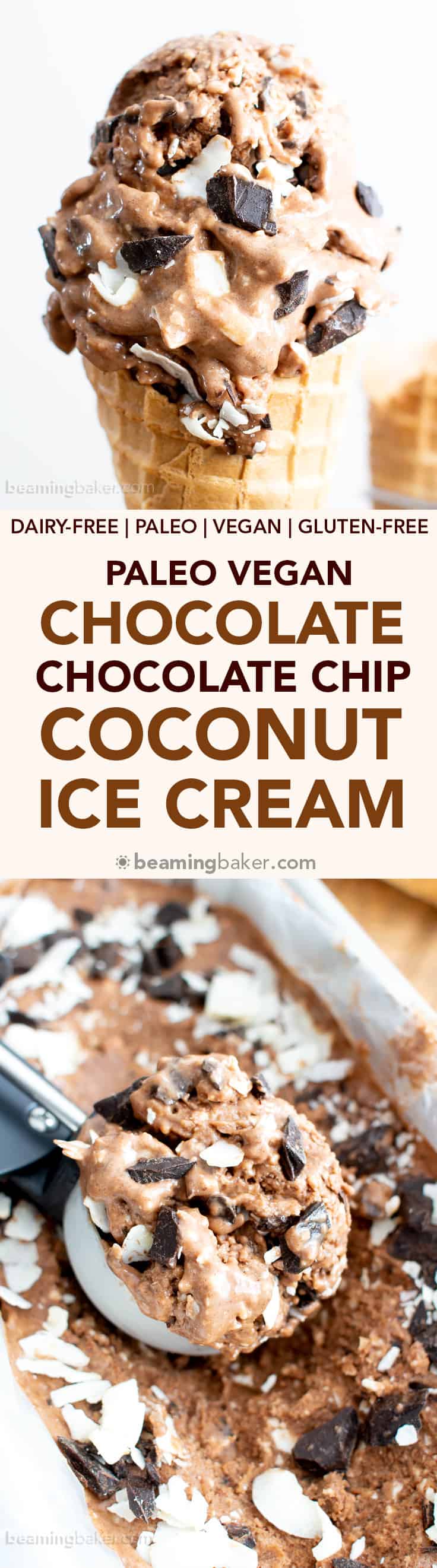 No Churn Chocolate Chocolate Chip Coconut Vegan Ice Cream (Paleo, V, GF): a 7 ingredient, no churn recipe for creamy, rich and chocolatey ice cream bursting with coconut flavor. #Vegan #Paleo #GlutenFree #DairyFree | Recipe on BeamingBaker.com