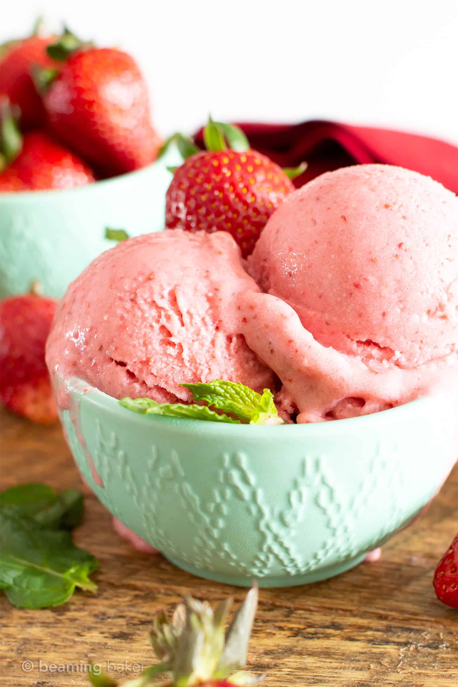 3 Ingredient Strawberry Coconut Sorbet (V, GF): a 5 min prep recipe for refreshing paleo strawberry sorbet made with just 3 healthy ingredients! #Paleo #DairyFree #Vegan #GlutenFree #RefinedSugarFree #HealthyDesserts #Sorbet #FrozenDesserts | Recipe at BeamingBaker.com