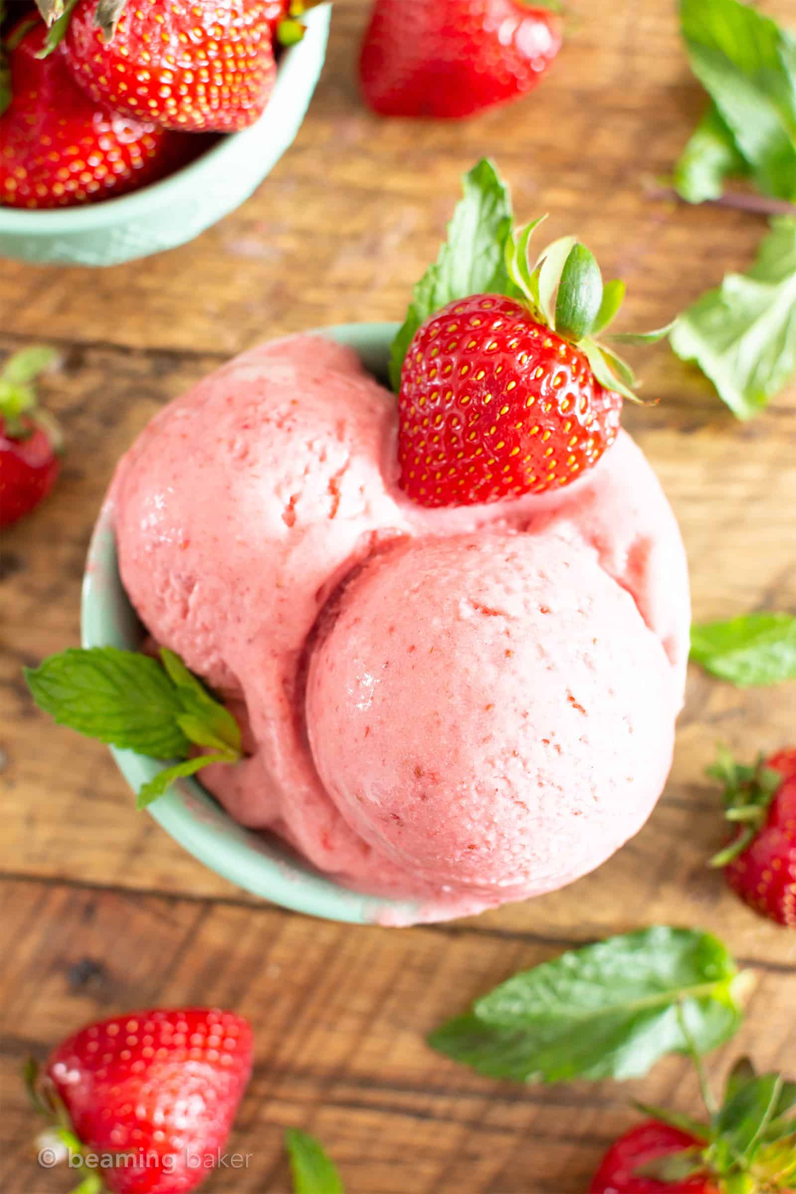 3 Ingredient Strawberry Coconut Sorbet (V, GF): a 5 min prep recipe for refreshing paleo strawberry sorbet made with just 3 healthy ingredients! #Paleo #DairyFree #Vegan #GlutenFree #RefinedSugarFree #HealthyDesserts #Sorbet #FrozenDesserts | Recipe at BeamingBaker.com