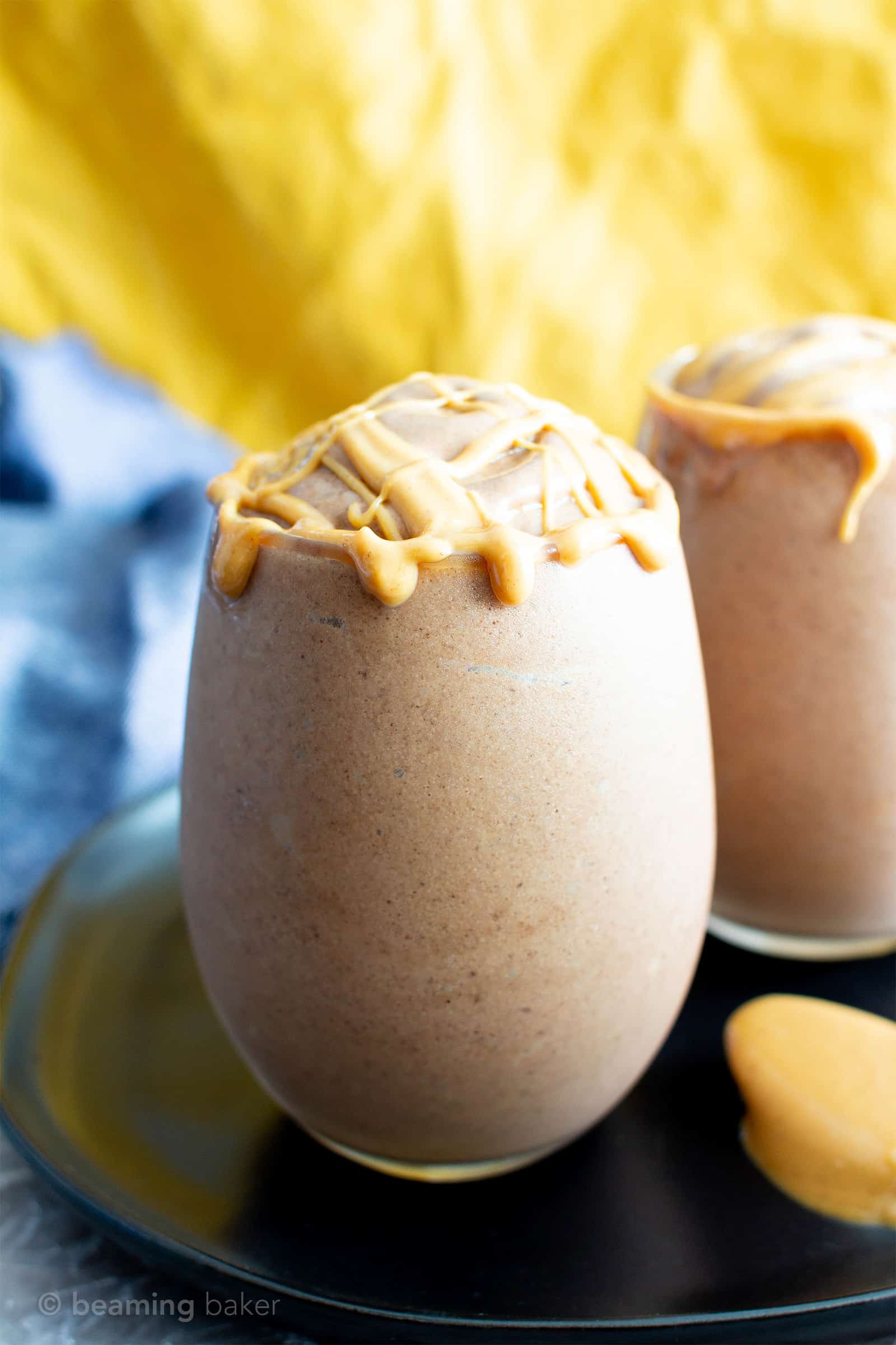 4 Ingredient Chocolate Peanut Butter Homemade Frosty Recipe (V+GF): an easy, 5-minute recipe for a thick ‘n creamy homemade Wendy’s frosty made with just 4 healthy ingredients! #Vegan #GlutenFree #DairyFree #Paleo option, #NoAddedSugar #RefinedSugarFree #FrozenDesserts | Recipe at BeamingBaker.com