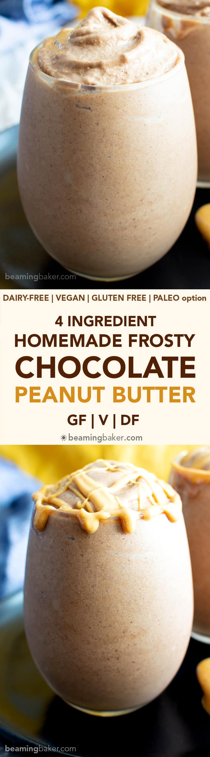 4 Ingredient Chocolate Peanut Butter Homemade Frosty Recipe (V+GF): an easy, 5-minute recipe for a thick ‘n creamy homemade Wendy’s frosty made with just 4 healthy ingredients! #Vegan #GlutenFree #DairyFree #Paleo option, #NoAddedSugar #RefinedSugarFree #FrozenDesserts | Recipe at BeamingBaker.com