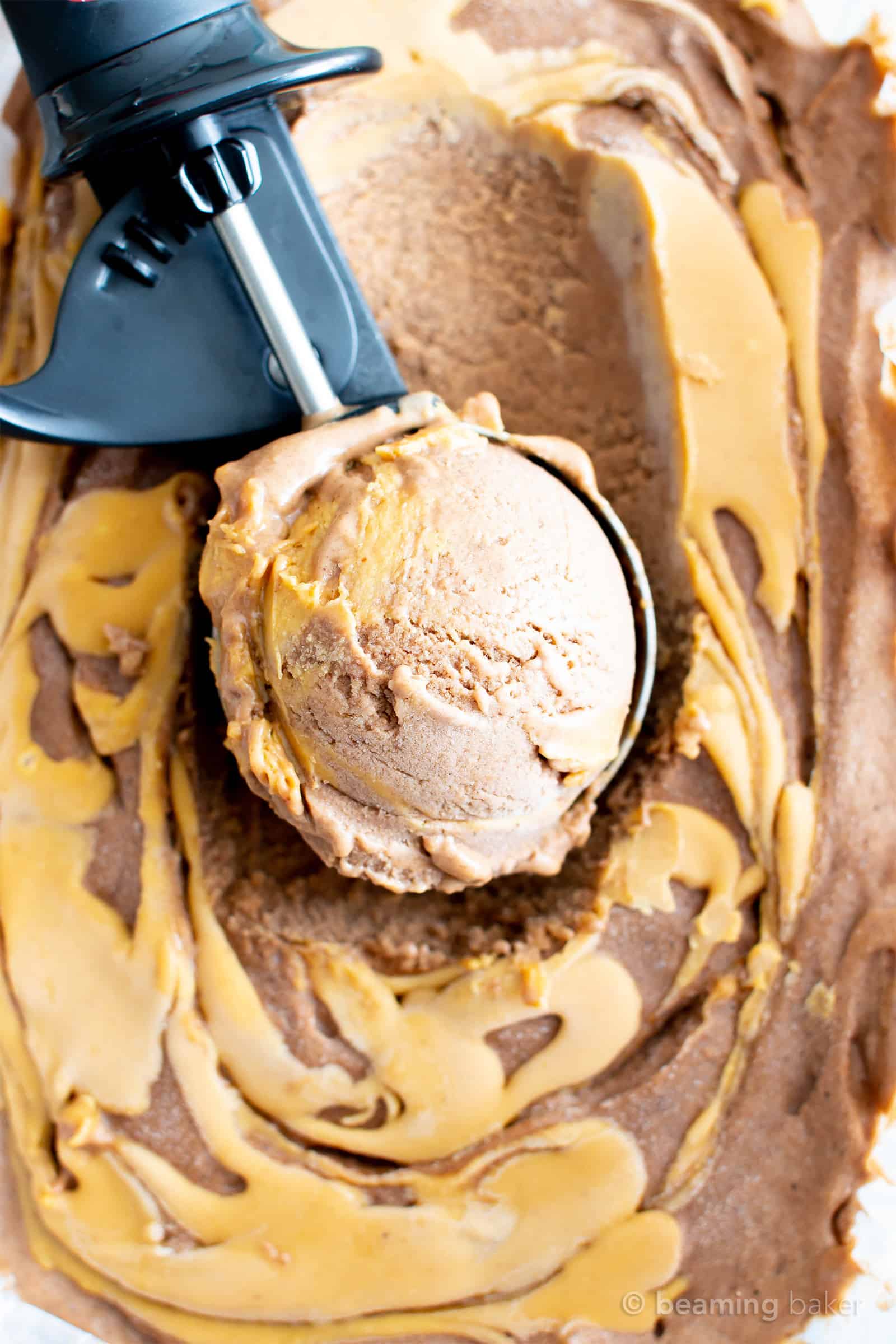 Healthy No Sugar Added Chocolate Peanut Butter Ice Cream (V, DF): a super easy, 5-ingredient recipe for the BEST deliciously creamy and chocolatey no churn peanut butter ice cream. #Vegan #DairyFree #IceCream #Paleo option #HealthyDesserts #PeanutButter #NoSugarAdded #Bananas | Recipe at BeamingBaker.com
