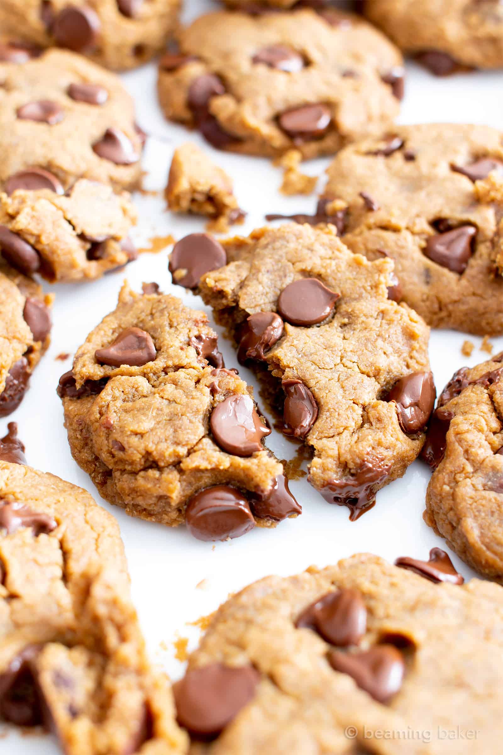 Gluten Free Peanut Butter Chocolate Chip Cookies (V, GF): an easy recipe for perfectly soft ‘n chewy chocolate chip cookies packed with peanut butter flavor! #Vegan #GlutenFree #DairyFree #PeanutButter #Cookies #Dessert #ChocolateChip | Recipe on BeamingBaker.com