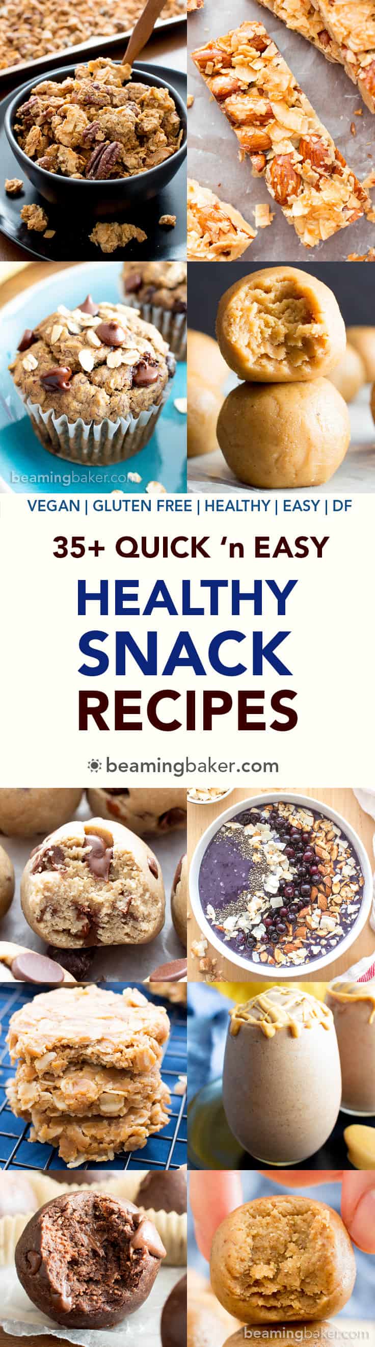 35+ Easy Healthy Snack Recipes (V, GF): an amazing collection of the best quick and easy healthy homemade snack recipes! Featuring no bake bites, granola bars, breakfast cookies and more! #Vegan #GlutenFree #DairyFree #RefinedSugarFree #Healthy #Snacks | Recipes on BeamingBaker.com