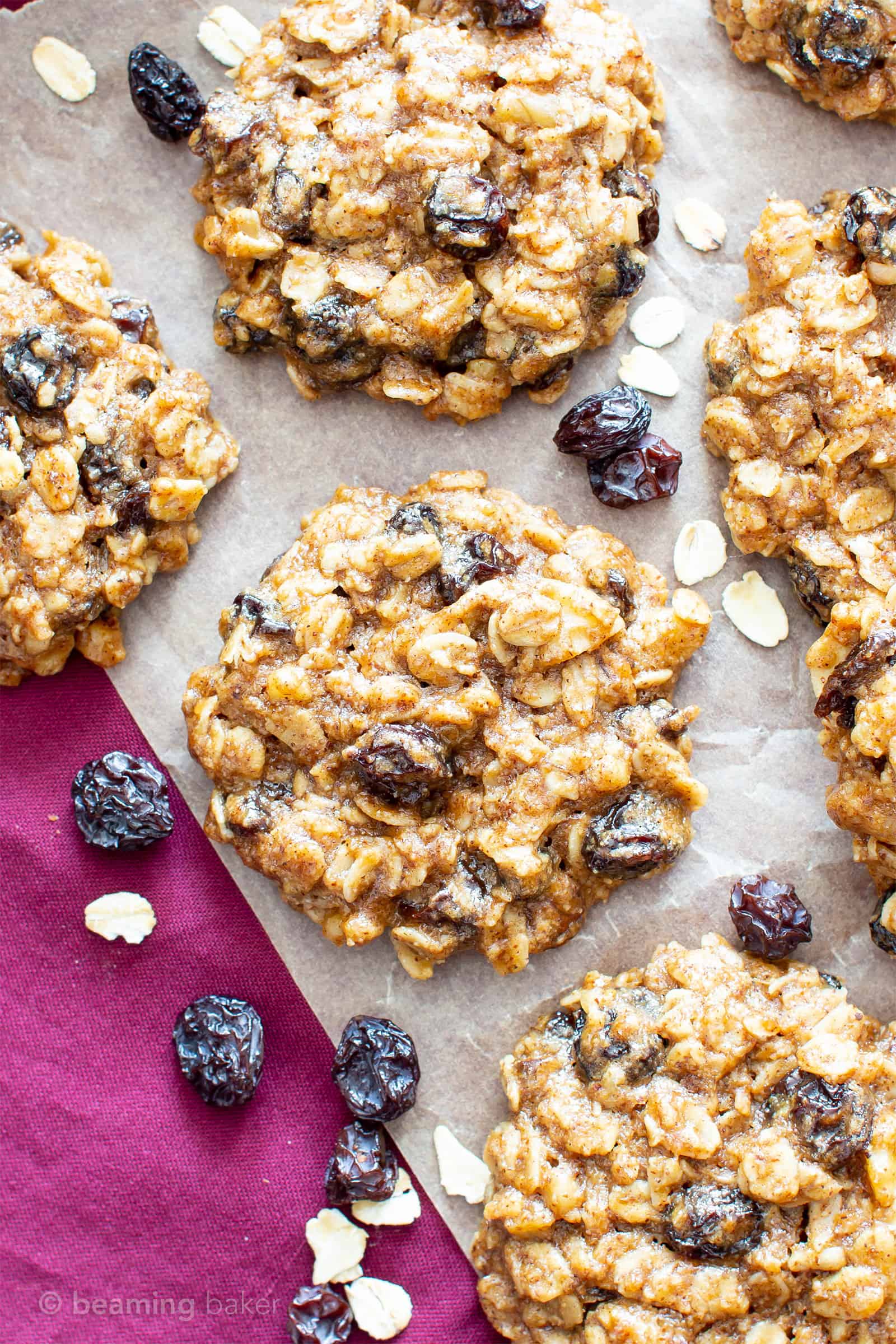 Chewy Oatmeal Raisin Cookie Recipe (V, GF): my favorite easy recipe for moist and chewy oatmeal cookies bursting with plump raisins and amazing flavor! #Vegan #GlutenFree #OatmealRaisin #Cookies #DairyFree #Healthy #HealthyCookies | Recipe at BeamingBaker.com