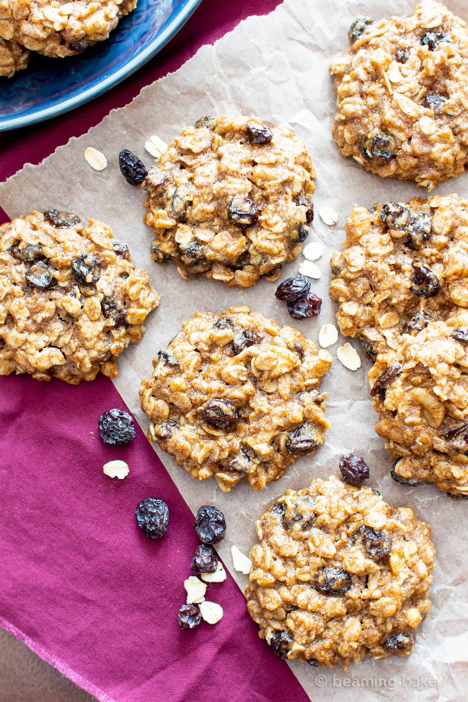 Chewy Oatmeal Raisin Cookie Recipe (V, GF): my favorite easy recipe for moist and chewy oatmeal cookies bursting with plump raisins and amazing flavor! #Vegan #GlutenFree #OatmealRaisin #Cookies #DairyFree #Healthy #HealthyCookies | Recipe at BeamingBaker.com