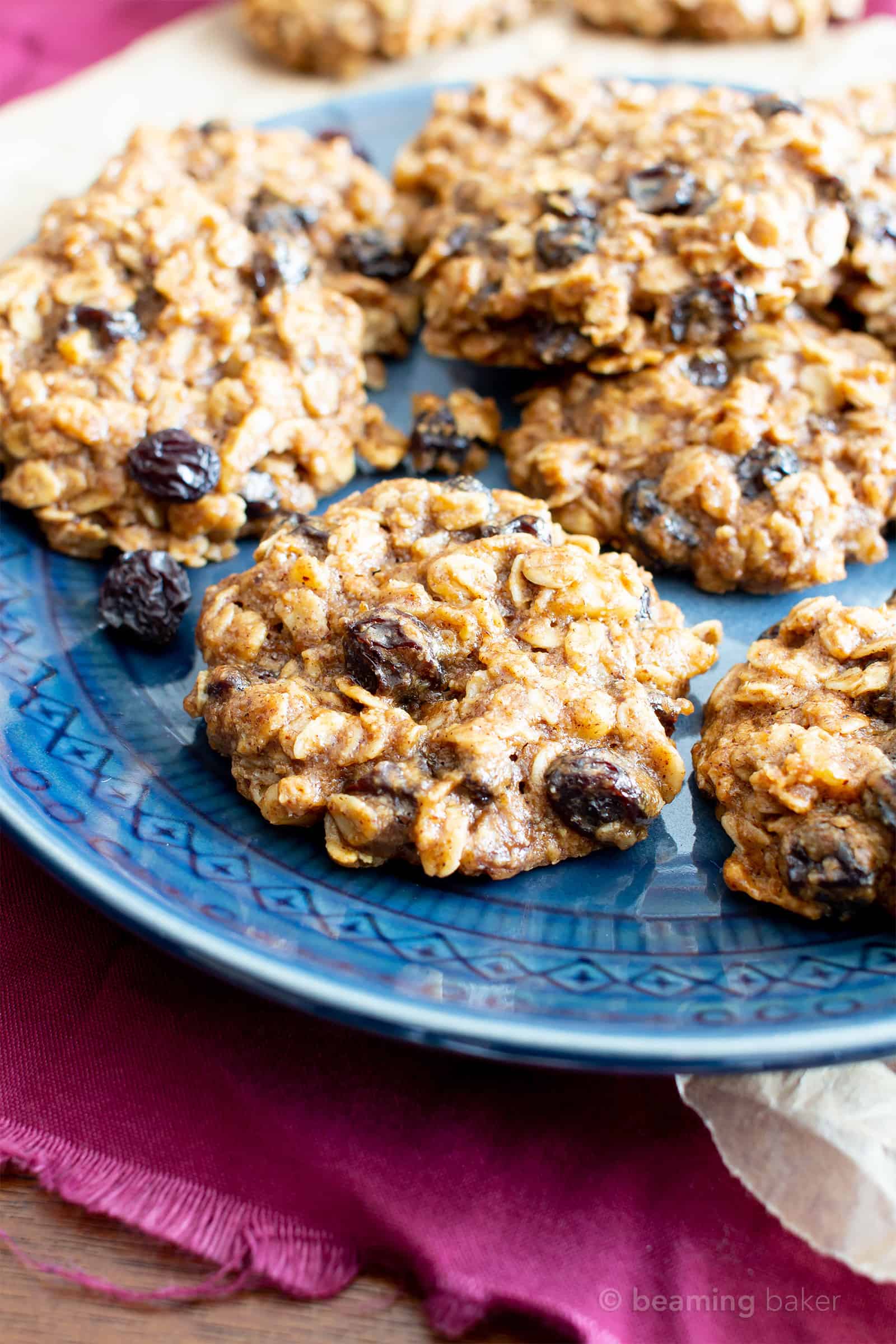 Chewy Oatmeal Raisin Cookie Recipe (V, GF): my favorite easy recipe for moist and chewy oatmeal cookies bursting with plump raisins and amazing flavor! #Vegan #GlutenFree #OatmealRaisin #Cookies #DairyFree #Healthy #HealthyCookies | Recipe at BeamingBaker.com