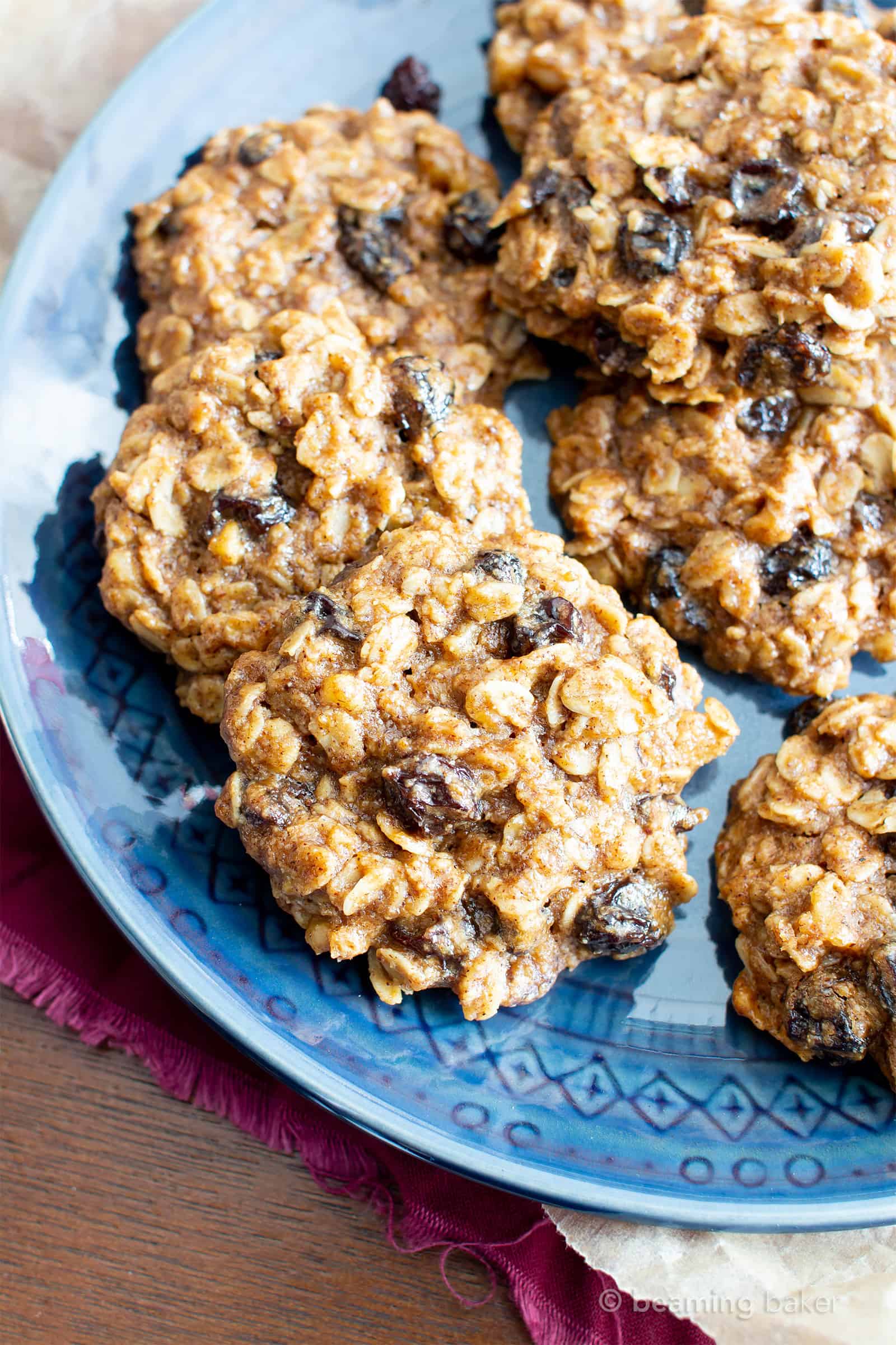 Chewy Oatmeal Raisin Cookie Recipe (V, GF): my favorite easy recipe for moist and chewy oatmeal cookies bursting with plump raisins and amazing flavor! #Vegan #GlutenFree #OatmealRaisin #Cookies #DairyFree #Healthy #HealthyCookies | Recipe at BeamingBaker.com