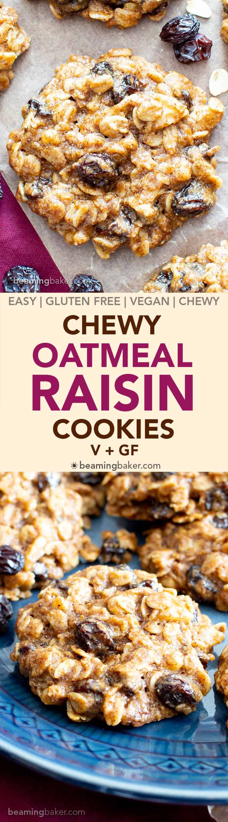 Chewy Oatmeal Raisin Cookie Recipe (V, GF): my favorite easy recipe for moist and chewy oatmeal cookies bursting with plump raisins and amazing flavor! #Vegan #GlutenFree #OatmealRaisin #Cookies #DairyFree #Healthy #HealthyCookies | Recipe at BeamingBaker.com
