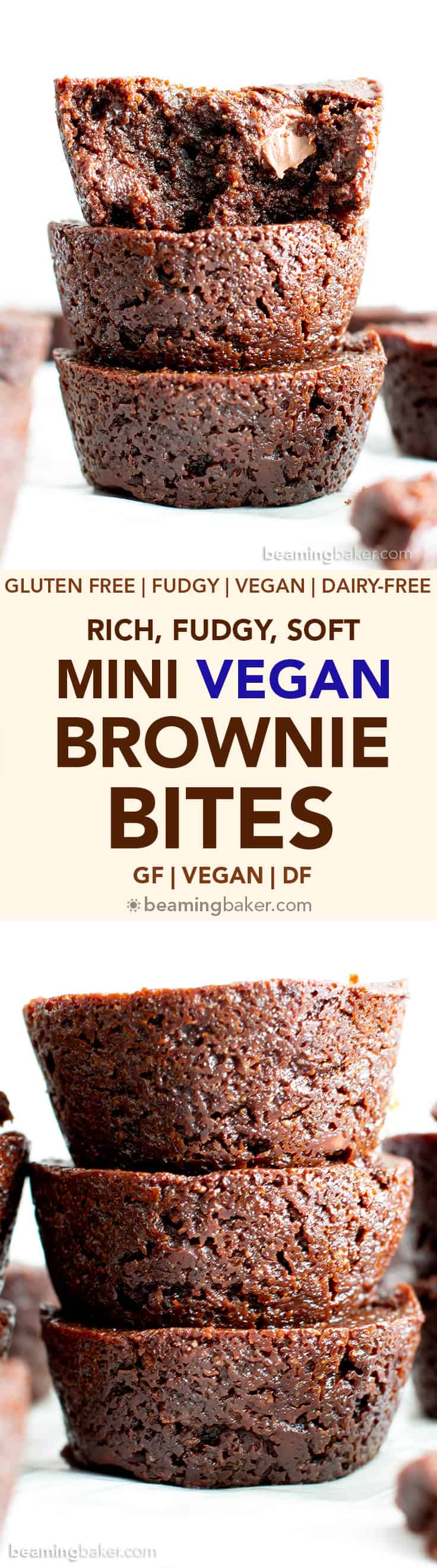 Mini Vegan Brownie Bites Recipe (V, GF): an easy recipe for soft, fudgy ‘n moist two bite mini brownies bursting with rich, chocolate flavor. Made with healthy, whole ingredients. #Vegan #GlutenFree #DairyFree #Brownies #VeganBaking #Chocolate | Recipe at BeamingBaker.com