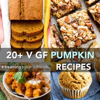 20+ Healthy Gluten Free Vegan Pumpkin Recipes (V, GF): a fantastically festive collection of the best vegan gluten free pumpkin recipes! Healthy pumpkin bread, pumpkin cookies, pumpkin pie, and more! #Vegan #GlutenFree #DairyFree #RefinedSugarFree #Fall #Pumpkin #BeamingBaker | Recipes on BeamingBaker.com
