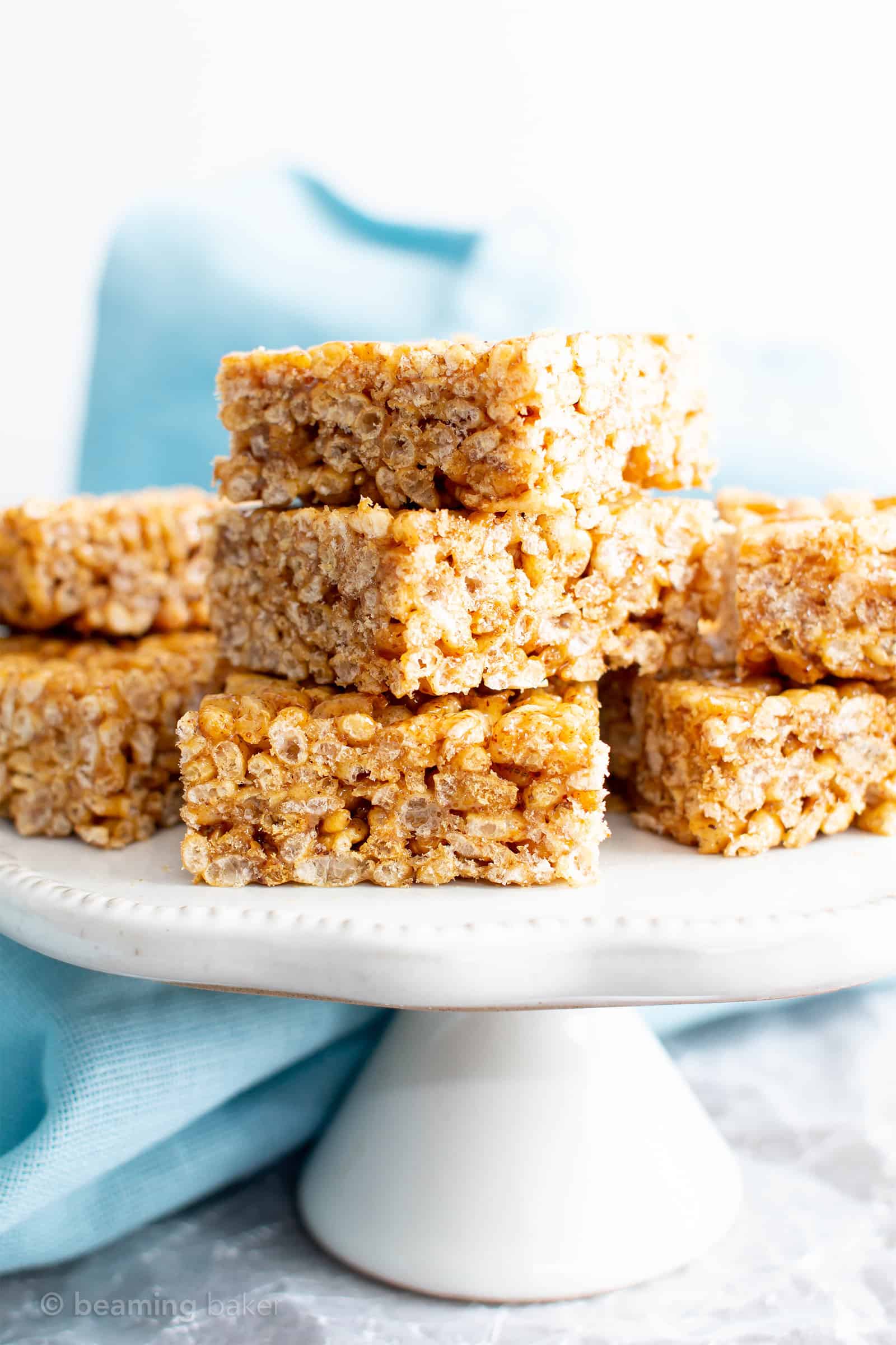 3 Ingredient Healthy Vegan Rice Crispy Treats (V, GF): a chewy homemade vegan rice krispy treats recipe, made with whole, gluten-free, protein-rich ingredients. #RiceCrispyTreats #ProteinPacked #Vegan #GlutenFree #CleanEating #Snacks #HealthySnacks | Recipe at BeamingBaker.com