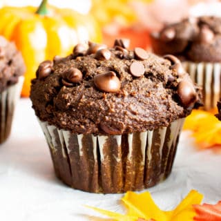 Easy Gluten Free Chocolate Pumpkin Muffins (V, GF): a one bowl recipe for moist, fudgy chocolate pumpkin muffins packed with rich fall flavors! Made with healthy, whole ingredients. #Vegan #GlutenFree #Muffins #Pumpkin #Fall #Chocolate #CleanEating | Recipe at BeamingBaker.com