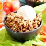 Vegan Gluten Free Cinnamon Apple Crisp with Oats (V, GF): an easy recipe for a warm, gooey apple crisp with delicious cinnamon oat topping. Made with healthy ingredients. #Vegan #GlutenFree #GlutenFreeVegan #AppleCrisp #HealthyDesserts #Fall | Recipe at BeamingBaker.com