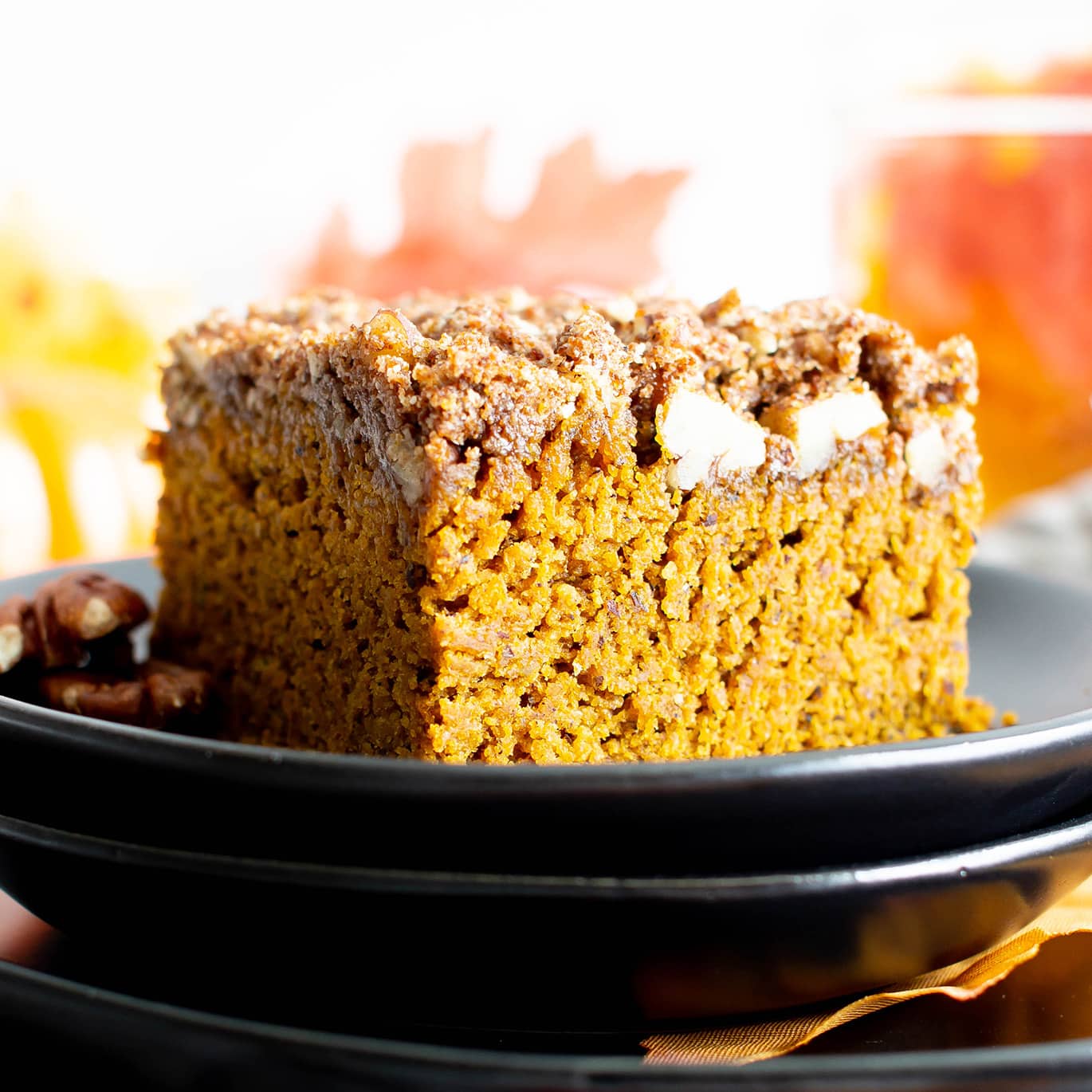 Easy Gluten Free Vegan Pumpkin Coffee Cake Recipe (V, GF): a thick layer of moist pumpkin coffee cake with a cinnamon sweet, buttery-rich topping. Made with healthy, whole ingredients. #Vegan #GlutenFree #CoffeeCake #Pumpkin #VeganBaking #CleanEating #Fall #PumpkinSpice | Recipe at BeamingBaker.com