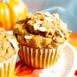 This Healthy Pumpkin Oatmeal Muffins recipe yields lightly sweet, moist pumpkin oatmeal muffins made with vegan + gluten free ingredients. #Pumpkin #Oatmeal #Muffins | Recipe at BeamingBaker.com