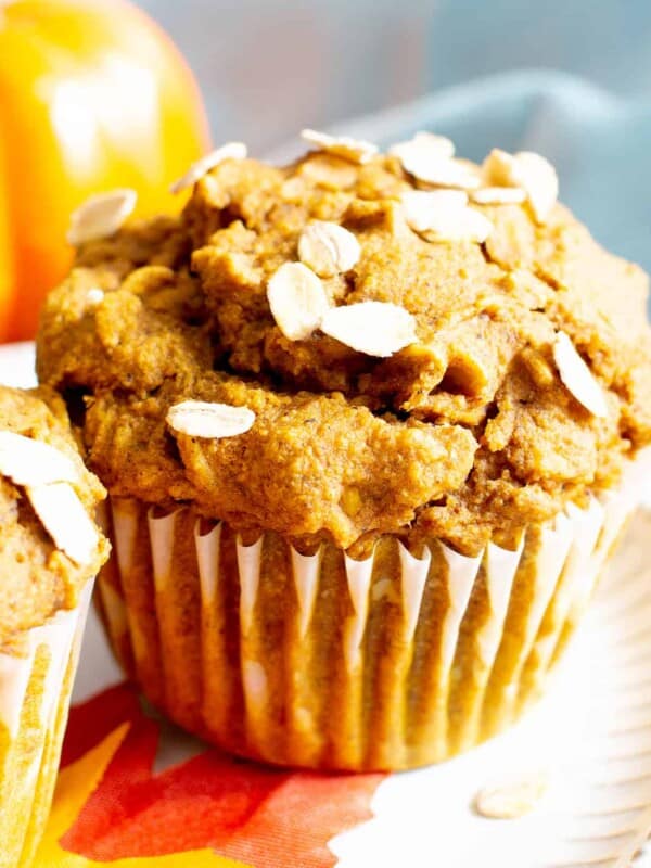 This Healthy Pumpkin Oatmeal Muffins recipe yields lightly sweet, moist pumpkin oatmeal muffins made with vegan + gluten free ingredients. #Pumpkin #Oatmeal #Muffins | Recipe at BeamingBaker.com