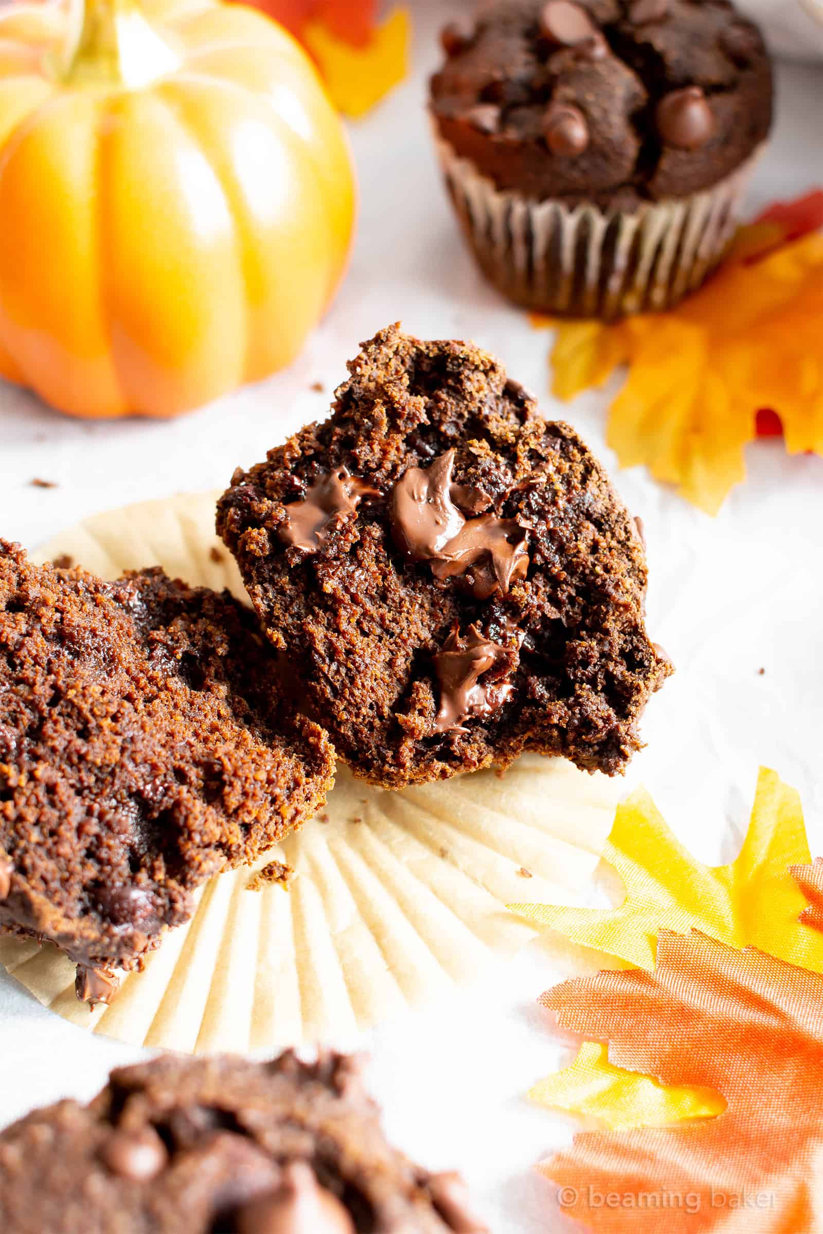 Easy Gluten Free Chocolate Pumpkin Muffins (V, GF): a one bowl recipe for moist, fudgy chocolate pumpkin muffins packed with rich fall flavors! Made with healthy, whole ingredients. #Vegan #GlutenFree #Muffins #Pumpkin #Fall #Chocolate #CleanEating | Recipe at BeamingBaker.com