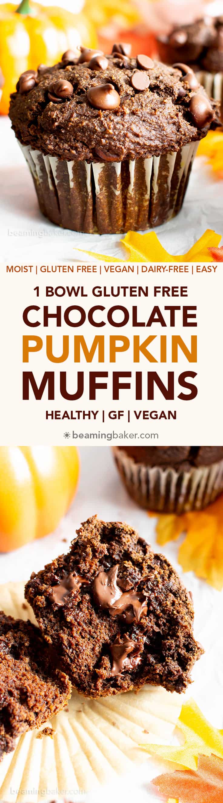 Moist Easy Gluten Free Chocolate Pumpkin Muffins (V, GF): a one bowl recipe for moist, fudgy chocolate pumpkin muffins packed with rich fall flavors! Made with healthy, whole ingredients. #Vegan #GlutenFree #Muffins #Pumpkin #Fall #Chocolate #CleanEating | Recipe at BeamingBaker.com