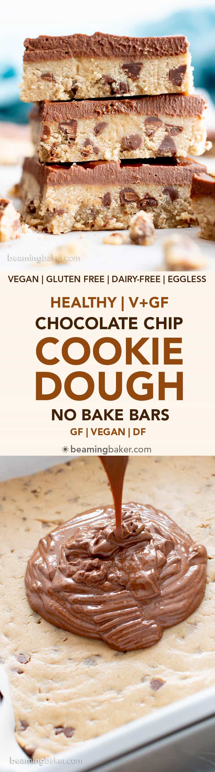 Healthy Gluten Free Cookie Dough Bars (V, GF): an easy, no bake recipe for decadent edible cookie dough bars coated in a thick layer of mouthwatering chocolate topping. Made with healthy, whole ingredients. #Vegan #GlutenFree #CookieDough #HealthyDesserts #NoBake #GlutenFreeVegan #BeamingBaker | Recipe at BeamingBaker.com