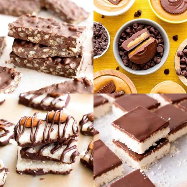 Collage of images made up of vegan crunch bars, vegan peanut butter cups, vegan almond joy bars and vegan chocolate coconut bars