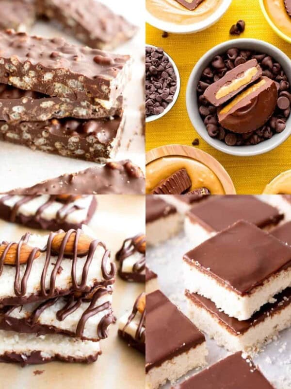 Collage of images made up of vegan crunch bars, vegan peanut butter cups, vegan almond joy bars and vegan chocolate coconut bars