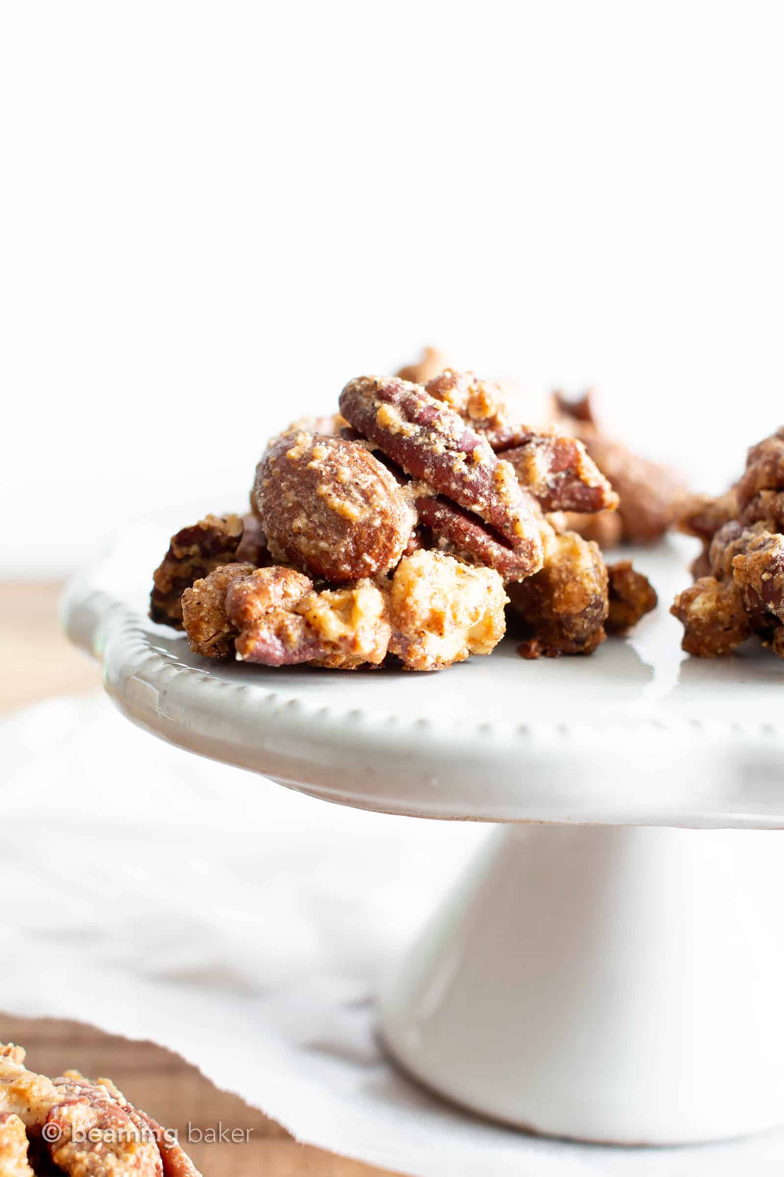 Sweet 'n Salty Nut Clusters Recipe (V, GF): an easy recipe for crunchy nut clusters, lightly glazed and bursting with salty ‘n sweet flavors. Made with healthy ingredients. #ProteinRich #Nuts #VeganSnacks #Christmas #Fall #DairyFree #GlutenFree #Vegan | Recipe at BeamingBaker.com