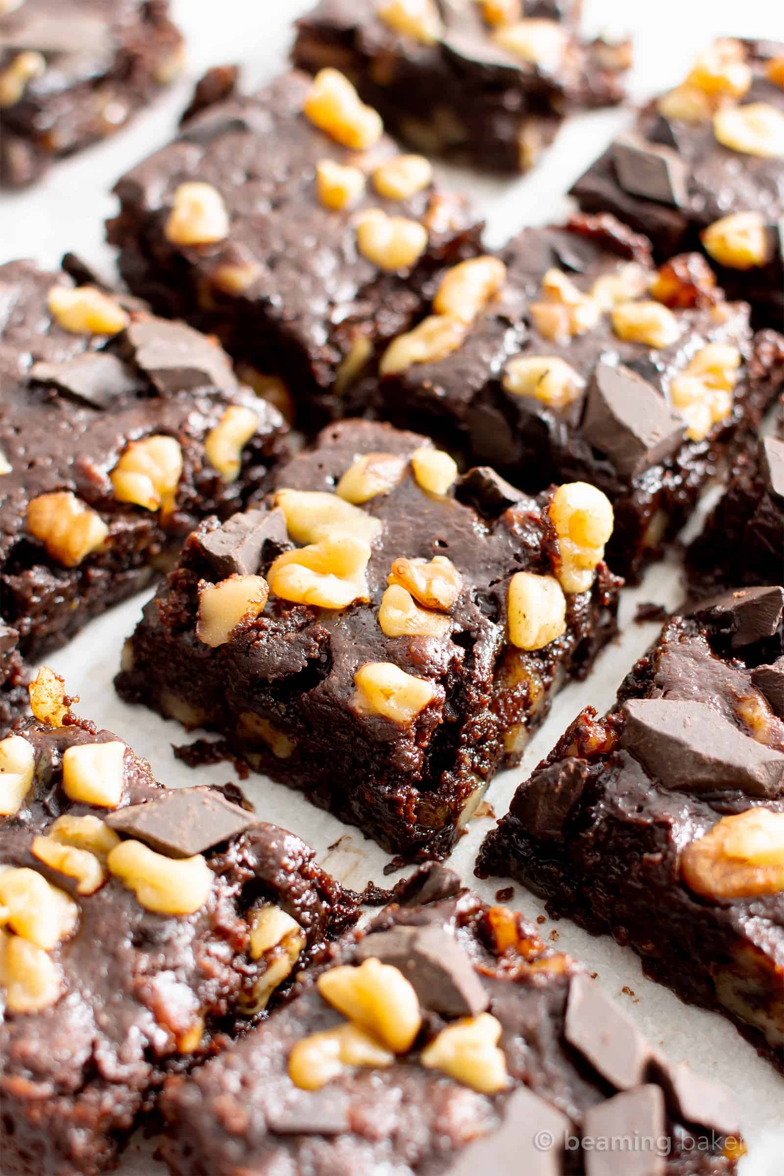 Vegan Gluten Free Fudgy Walnut Brownies Recipe (V, GF): a 1-bowl recipe for super fudgy, rich, dark brownies packed with walnuts and chocolate chunks. Made with healthy, whole ingredients. #Vegan #GlutenFree #GlutenFreeVegan #Brownies #VeganBrownies #DairyFree #BeamingBaker | Recipe at BeamingBaker.com