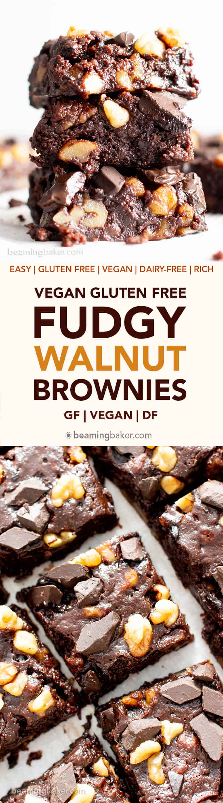 Vegan Gluten Free Fudgy Walnut Brownies Recipe (V, GF): a 1-bowl recipe for super fudgy, rich, dark brownies packed with walnuts and chocolate chunks. Made with healthy, whole ingredients. #Vegan #GlutenFree #GlutenFreeVegan #Brownies #VeganBrownies #DairyFree #BeamingBaker | Recipe at BeamingBaker.com