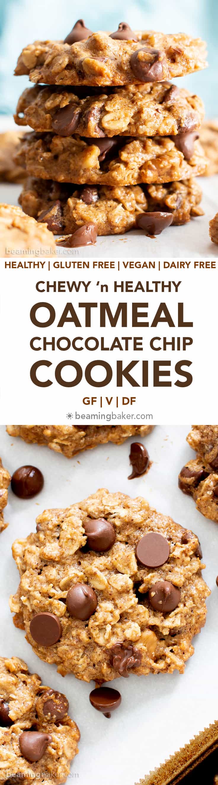 Easy Healthy Oatmeal Chocolate Chip Cookies: this easy healthy oatmeal chocolate chip cookies recipe yields chewy cookies with crispy edges and lots of chocolate chips! Vegan, Gluten-Free, Dairy-Free, Healthy. #Healthy #OatmealCookies #HealthyCookies #ChocolateChip | Recipe at BeamingBaker.com