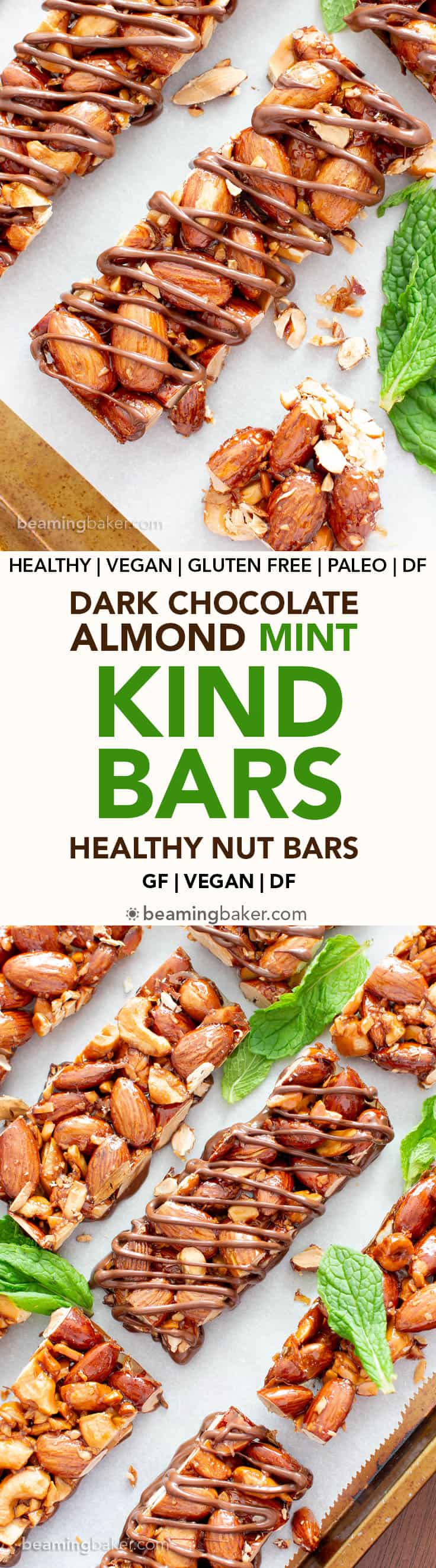 Dark Chocolate Almond Mint Homemade KIND Bar Recipe (V, GF): an easy recipe for festive homemade KIND bars, bursting with refreshing peppermint and coated in velvety rich dark chocolate. Made with healthy ingredients. #Vegan #GlutenFree #BeamingBaker #Paleo #PaleoDessert #HomemadeKINDBars #HealthySnacks #Christmas #HolidayGifts #ProteinRich | Recipe at BeamingBaker.com