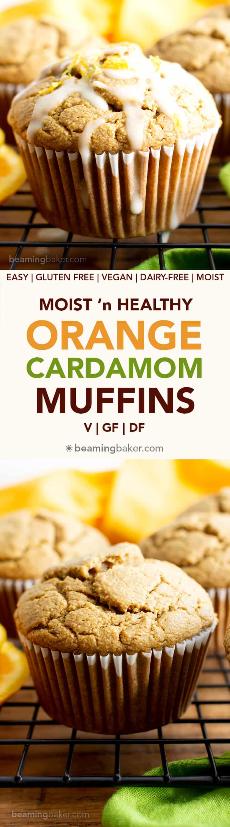 Healthy Gluten Free Orange Cardamom Muffins Recipe (V, GF): an easy, 1-bowl recipe for soft, fluffy orange muffins with a hint of delicious cardamom flavor. Made with healthy ingredients. #Vegan #GlutenFree #DairyFree #HealthyMuffins #GlutenFreeVegan #BeamingBaker | Recipe at BeamingBaker.com