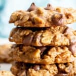 Chewy Healthy Oatmeal Chocolate Chip Cookies (V, GF): my favorite easy recipe for chewy oatmeal chocolate chip cookies with mouthwatering crispy edges, bursting with chocolate morsels! Made with healthy ingredients. #OatmealCookies #Vegan #GlutenFree #DairyFree #HealthyBaking #GlutenFreeVegan #BeamingBaker | Recipe at BeamingBaker.com