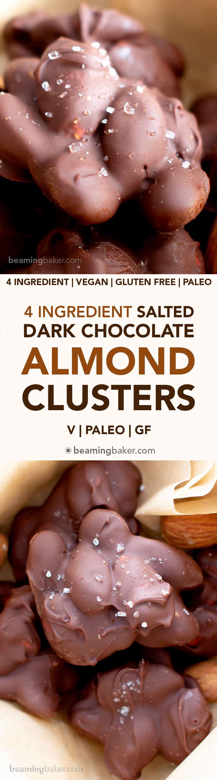 Dark Chocolate Sea Salt Almond Clusters Recipe (V, GF): a quick ‘n easy recipe for delightfully salty & sweet almond clusters enrobed in a thick layer of chocolate. Made with healthy ingredients. #Paleo #Vegan #GlutenFree #DairyFree #HomemadeCandy #BeamingBaker #HealthyDesserts #Chocolate | Recipe at BeamingBaker.com