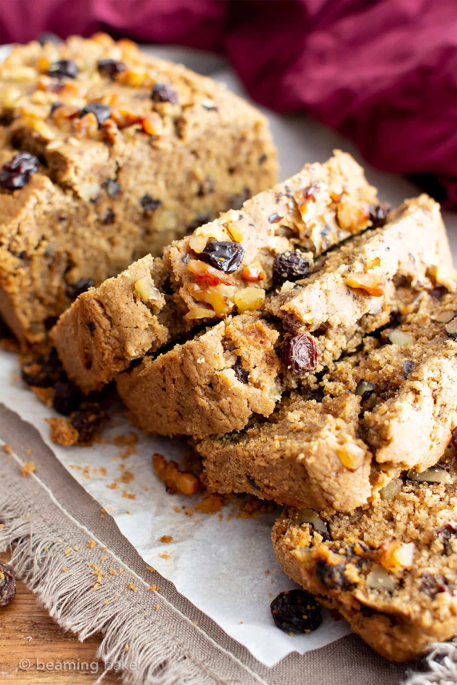 Vegan Cinnamon Raisin Quick Bread Recipe (V, GF): an easy recipe for moist and satisfying healthy cinnamon raisin bread made with delicious whole ingredients. #HealthyBaking #VeganGlutenFree #BeamingBaker #Vegan #CinnamonRaisin #GlutenFree #GlutenFreeBaking | Recipe at BeamingBaker.com