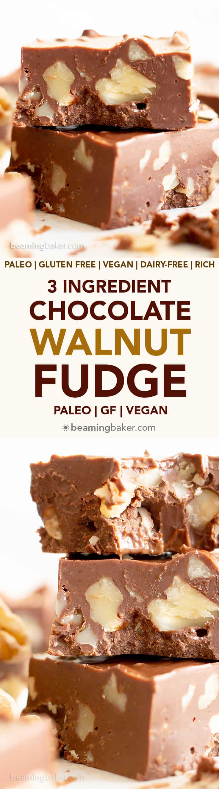 3 Ingredient Chocolate Walnut Fudge (V, GF): a 5-min recipe for thick squares of rich, velvety paleo vegan fudge packed with delicious walnuts. Made with healthy ingredients. #HealthyDesserts #Christmas #VeganGlutenFree #PaleoDesserts #VeganFudge #Fudge #BeamingBaker | Recipe at BeamingBaker.com