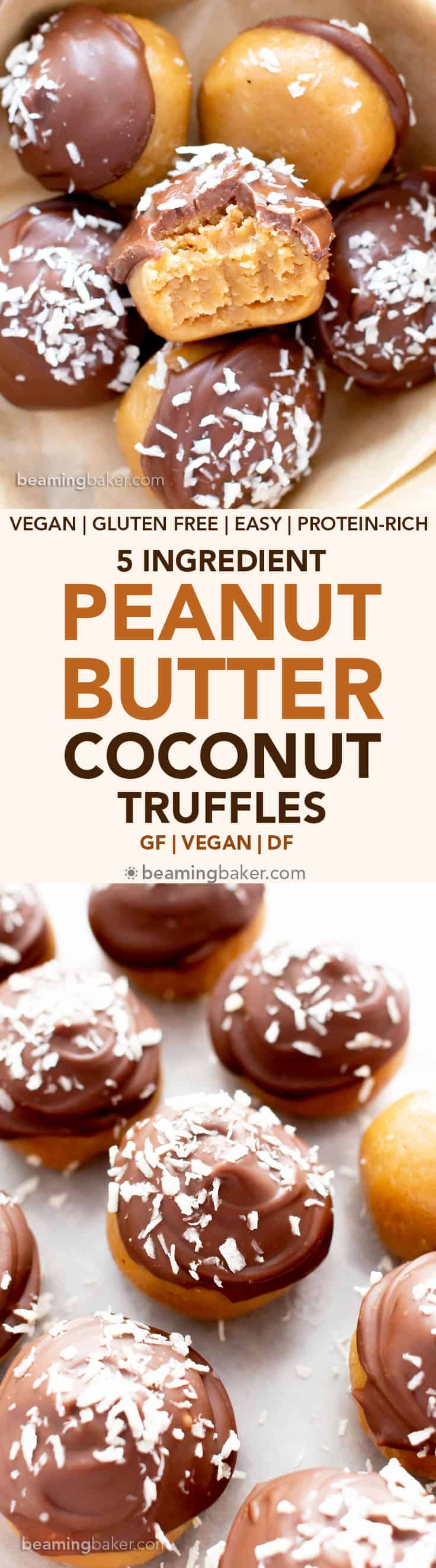 5 Ingredient Vegan Peanut Butter Coconut Truffles (V, GF): an easy recipe for decadent peanut butter coconut truffles enrobed in a thick layer of chocolate, and topped with coconut flakes. Made with healthy ingredients. #PeanutButter #HealthyDesserts #ChristmasCandy #VeganChristmas #GlutenFreeVegan #BeamingBaker #Coconut #CandyRecipe | Recipe at BeamingBaker.com