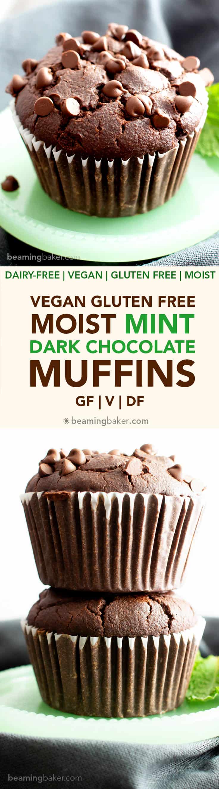 Gluten Free Moist Mint Dark Chocolate Chip Muffins (V, GF): an easy recipe for deliciously moist ‘n rich vegan dark chocolate mint muffins bursting with festive peppermint flavors & melty chocolate chips! Made with healthy ingredients. #HealthyBaking #Vegan #VeganGlutenFree #VeganBaking #Christmas #BeamingBaker #VeganChristmas #DarkChocolate #HealthyDesserts #MintChocolate | Recipe at BeamingBaker.com