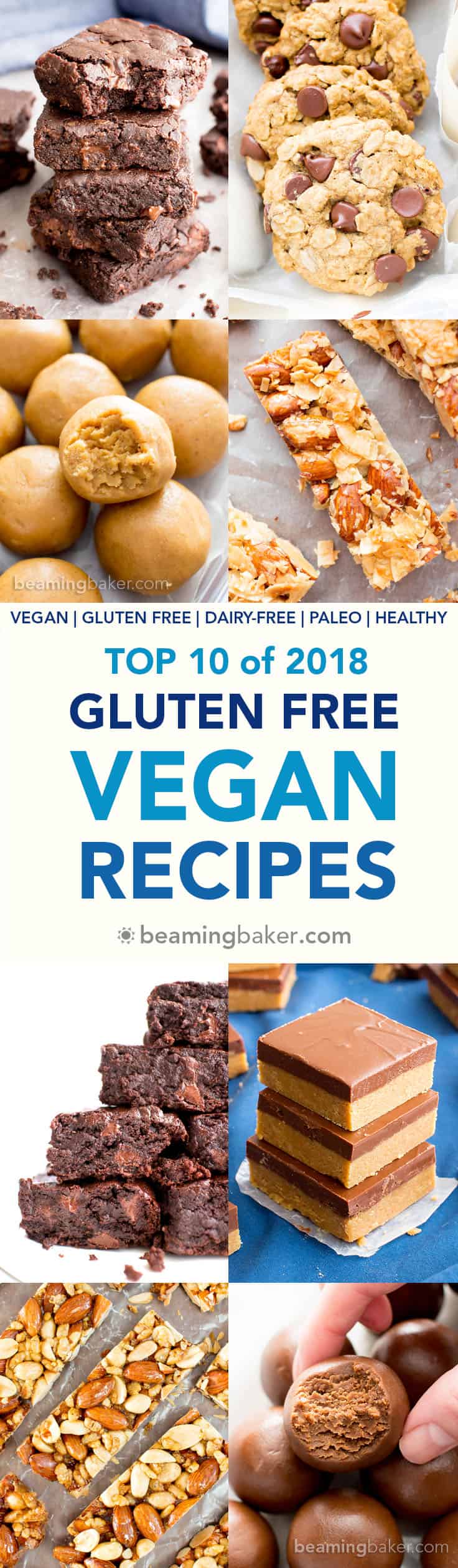 Top 10 Gluten Free Vegan Recipes of 2018 on Beaming Baker: a delicious year in review of the most POPULAR easy 'n healthy vegan recipes on the blog... from cookies & cakes to no bake snacks and bars, ice cream, candy, and quick breads! #GlutenFreeVegan #VeganRecipes #VeganDesserts #HealthySnacks #HealthyDesserts #BeamingBaker #GlutenFreeBaking | Recipes on BeamingBaker.com