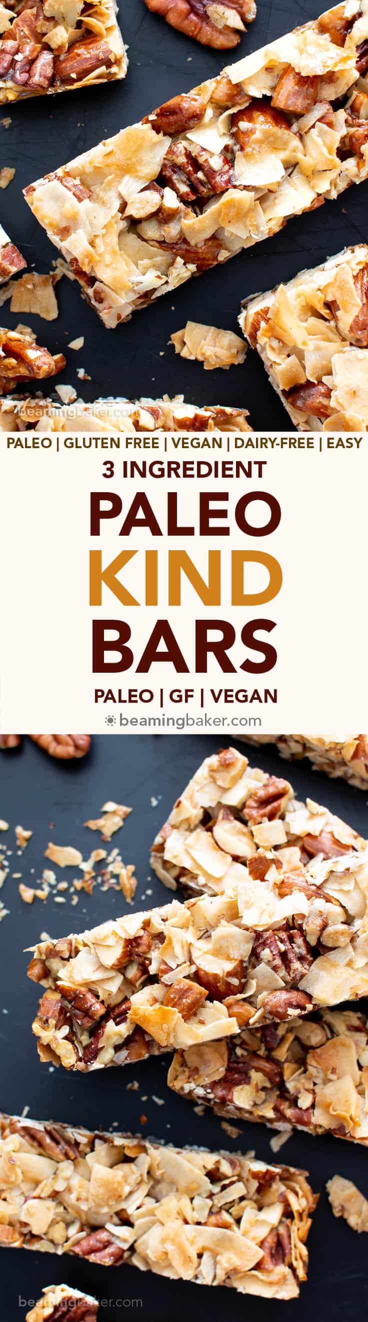 3 Ingredient Paleo KIND Bar Recipe (V, GF): this vegan paleo homemade kind bar recipe is so easy with 3 ingredients! It’s the best way to learn how to make diy copycat kind bars – easy, healthy, and prep’d in 5 minutes! #KindBars #Healthy #Vegan #Paleo | Recipe at BeamingBaker.com