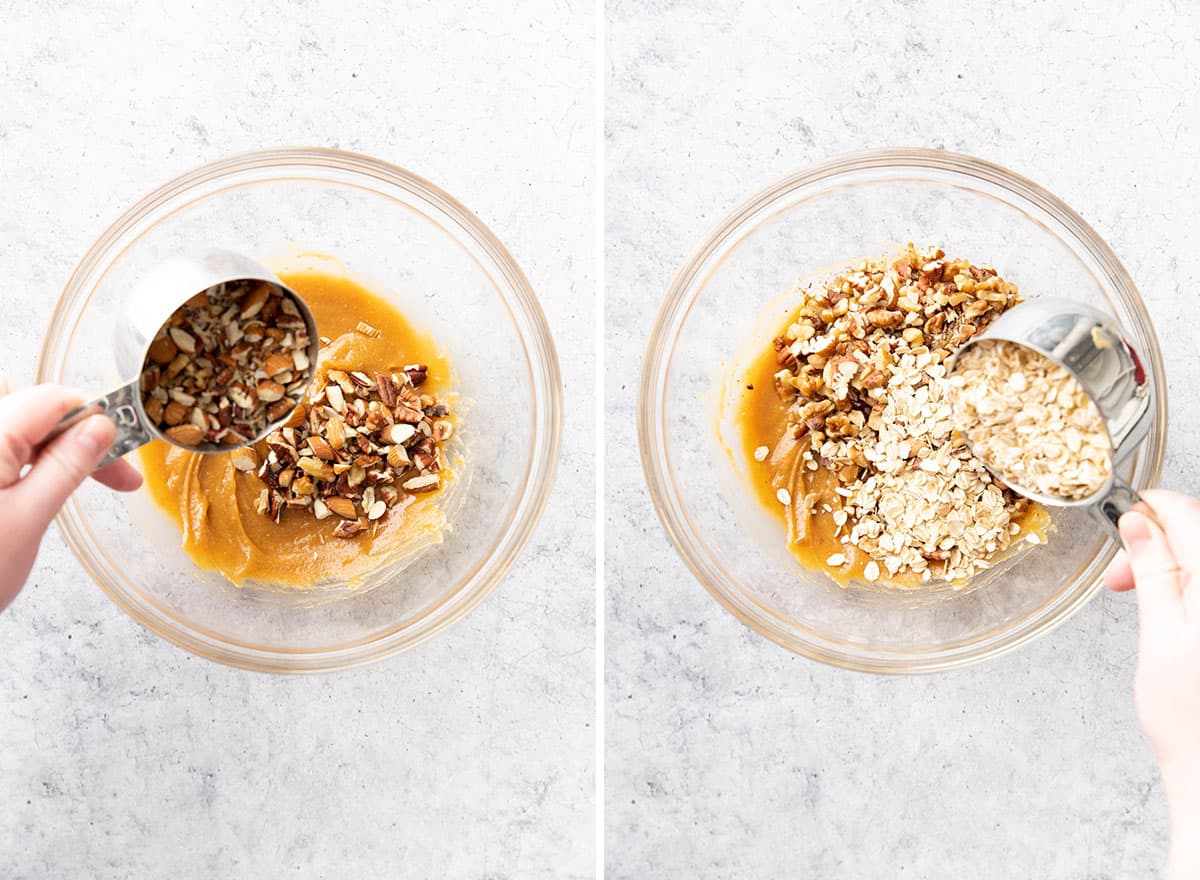 Two photos showing how to make this recipe – adding nuts and oats