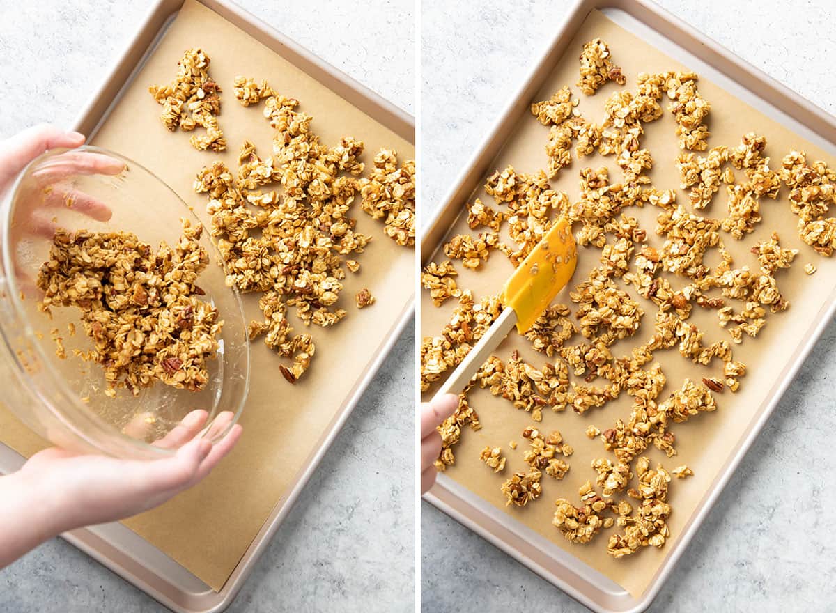 Two photos showing how to make this recipe – spreading granola onto a lined baking sheet