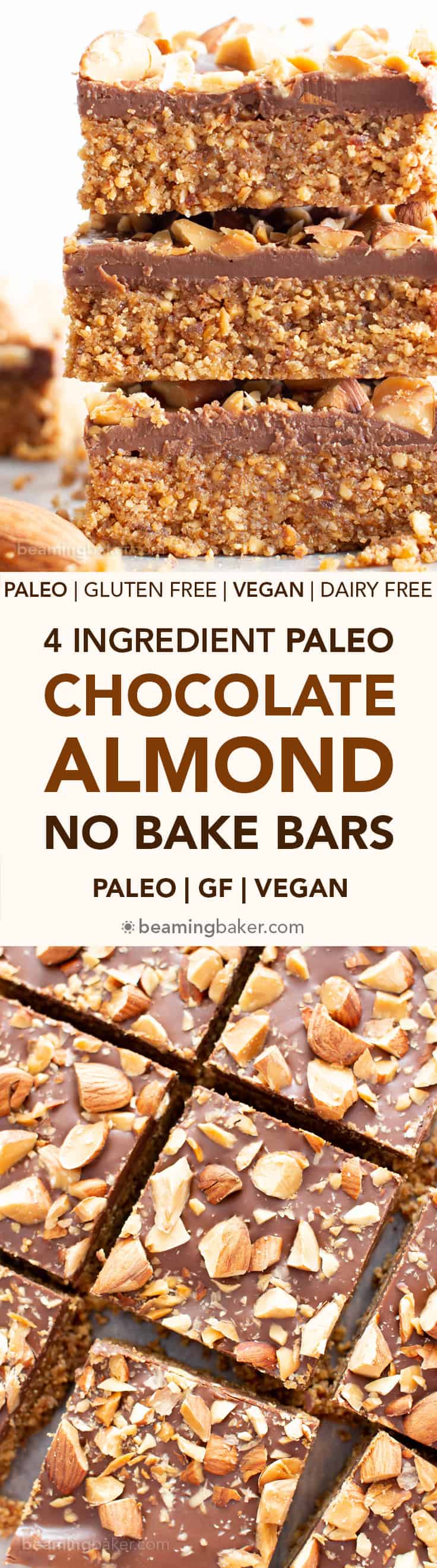 4 Ingredient No Bake Paleo Chocolate Almond Bars (V, GF): this paleo no bake chocolate almond bars recipe is so easy with just 4 ingredients! It’s the best no bake date nut bars recipe – healthy, vegan & gluten-free! #NoBake #Vegan #Paleo #Chocolate | Recipe at BeamingBaker.com